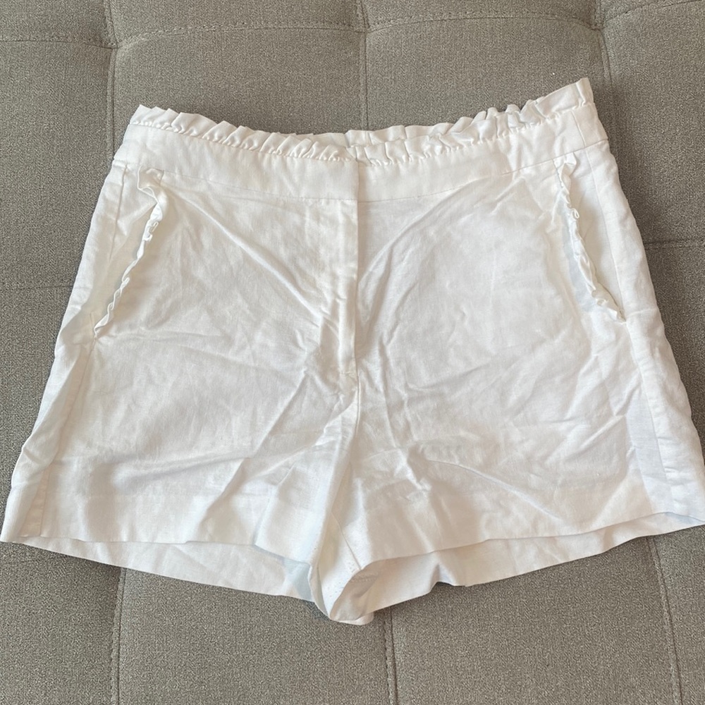 J Crew white linen ruffle shorts